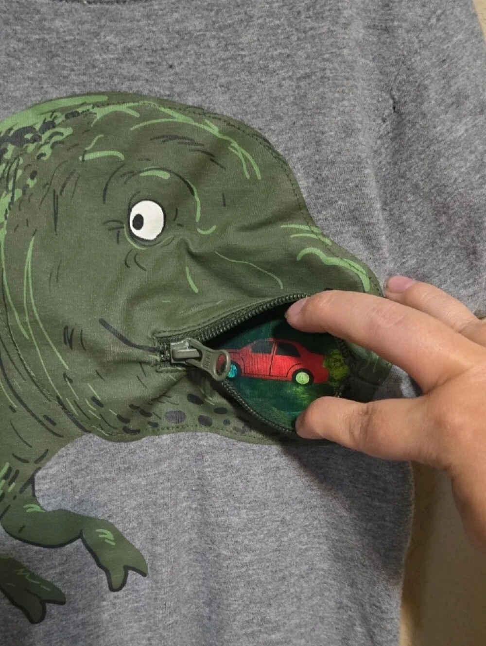 Carter's Gray Tee with Green Dinosaur Zipper Pocket